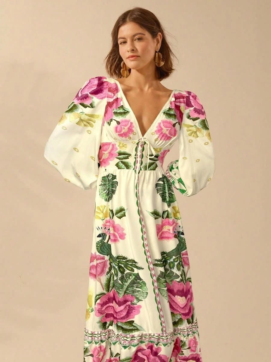 Capri Bloom – Boho Floral Maxi Dress with Puff Sleeves and Open Back - Satin Whisper