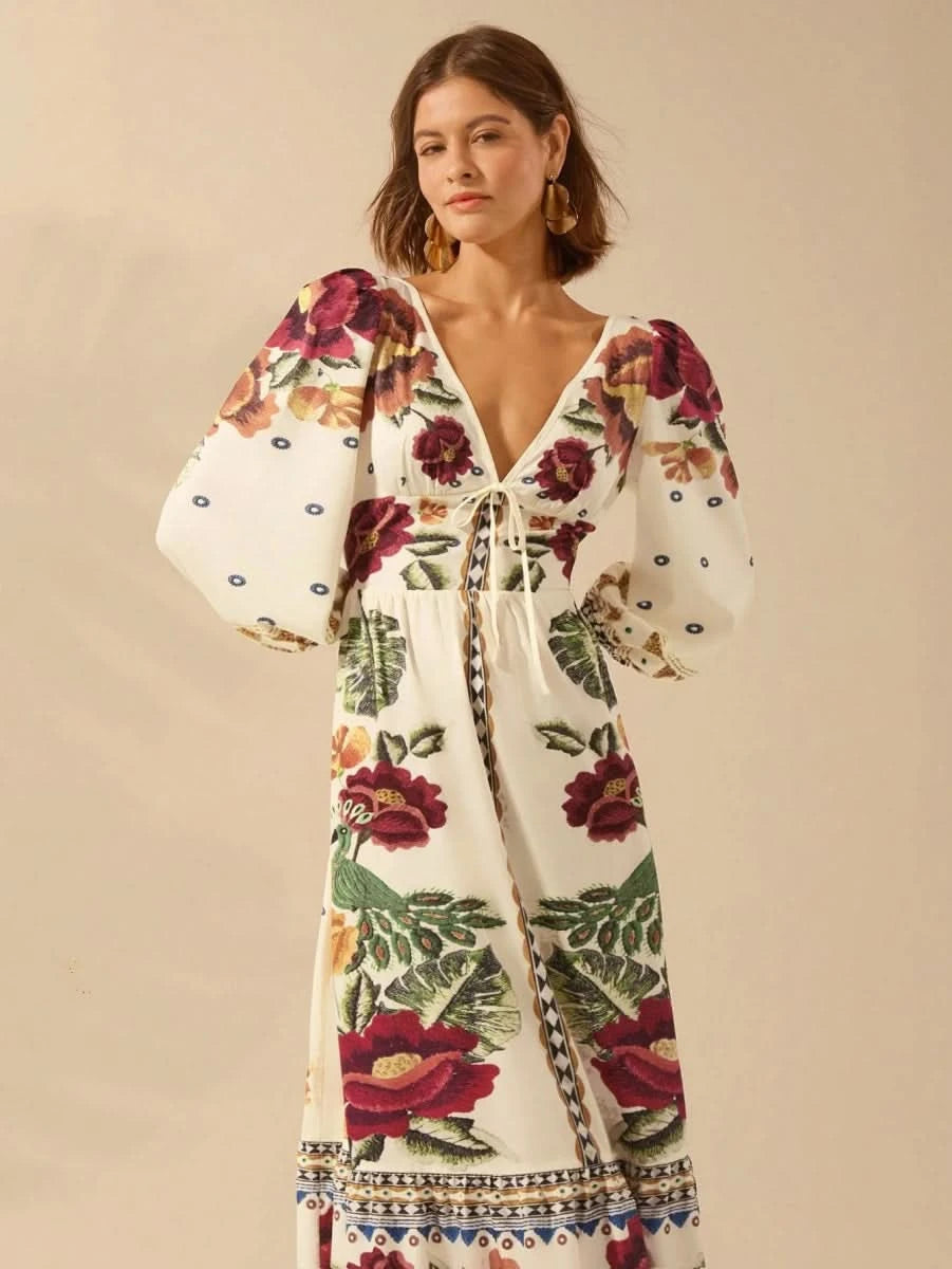 Capri Bloom – Boho Floral Maxi Dress with Puff Sleeves and Open Back - Satin Whisper