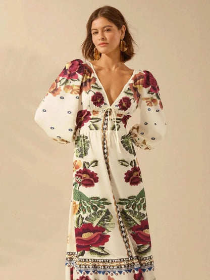 Capri Bloom – Boho Floral Maxi Dress with Puff Sleeves and Open Back - Satin Whisper