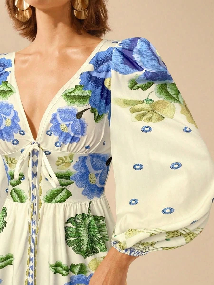 Capri Bloom – Boho Floral Maxi Dress with Puff Sleeves and Open Back - Satin Whisper