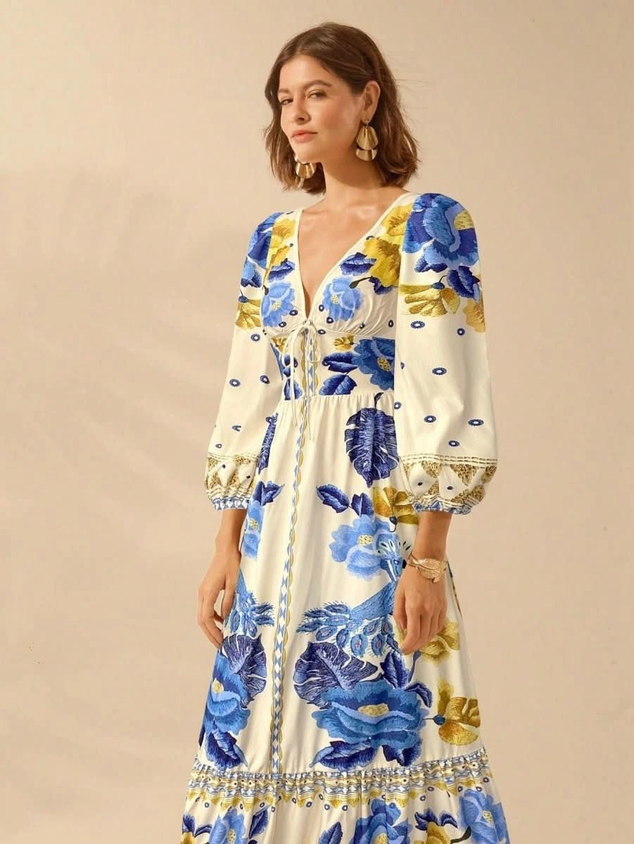 Capri Bloom – Boho Floral Maxi Dress with Puff Sleeves and Open Back - Satin Whisper
