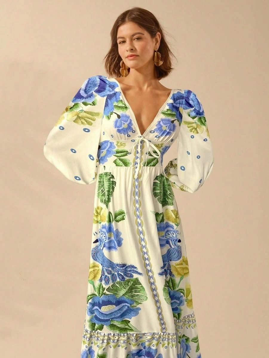 Capri Bloom – Boho Floral Maxi Dress with Puff Sleeves and Open Back - Satin Whisper