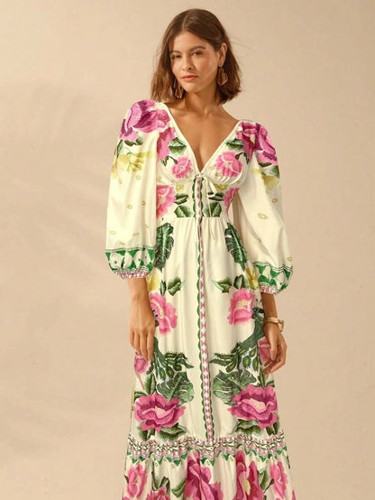 Capri Bloom – Boho Floral Maxi Dress with Puff Sleeves and Open Back - Satin Whisper