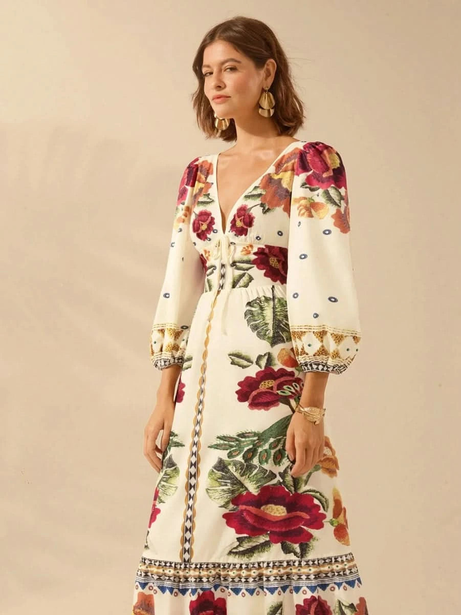 Capri Bloom – Boho Floral Maxi Dress with Puff Sleeves and Open Back - Satin Whisper