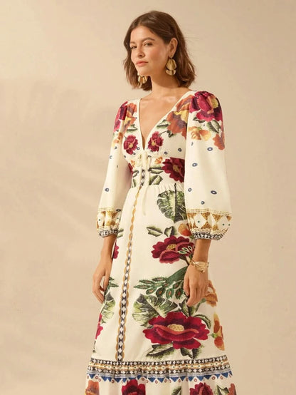 Capri Bloom – Boho Floral Maxi Dress with Puff Sleeves and Open Back - Satin Whisper