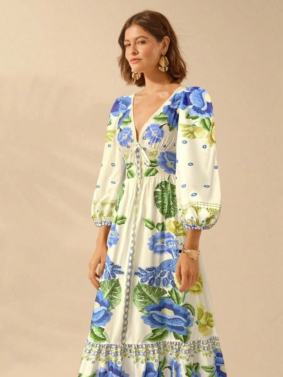 Capri Bloom – Boho Floral Maxi Dress with Puff Sleeves and Open Back - Satin Whisper