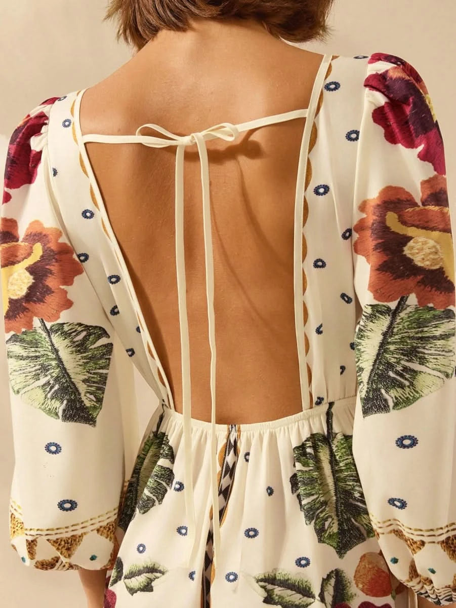 Capri Bloom – Boho Floral Maxi Dress with Puff Sleeves and Open Back - Satin Whisper