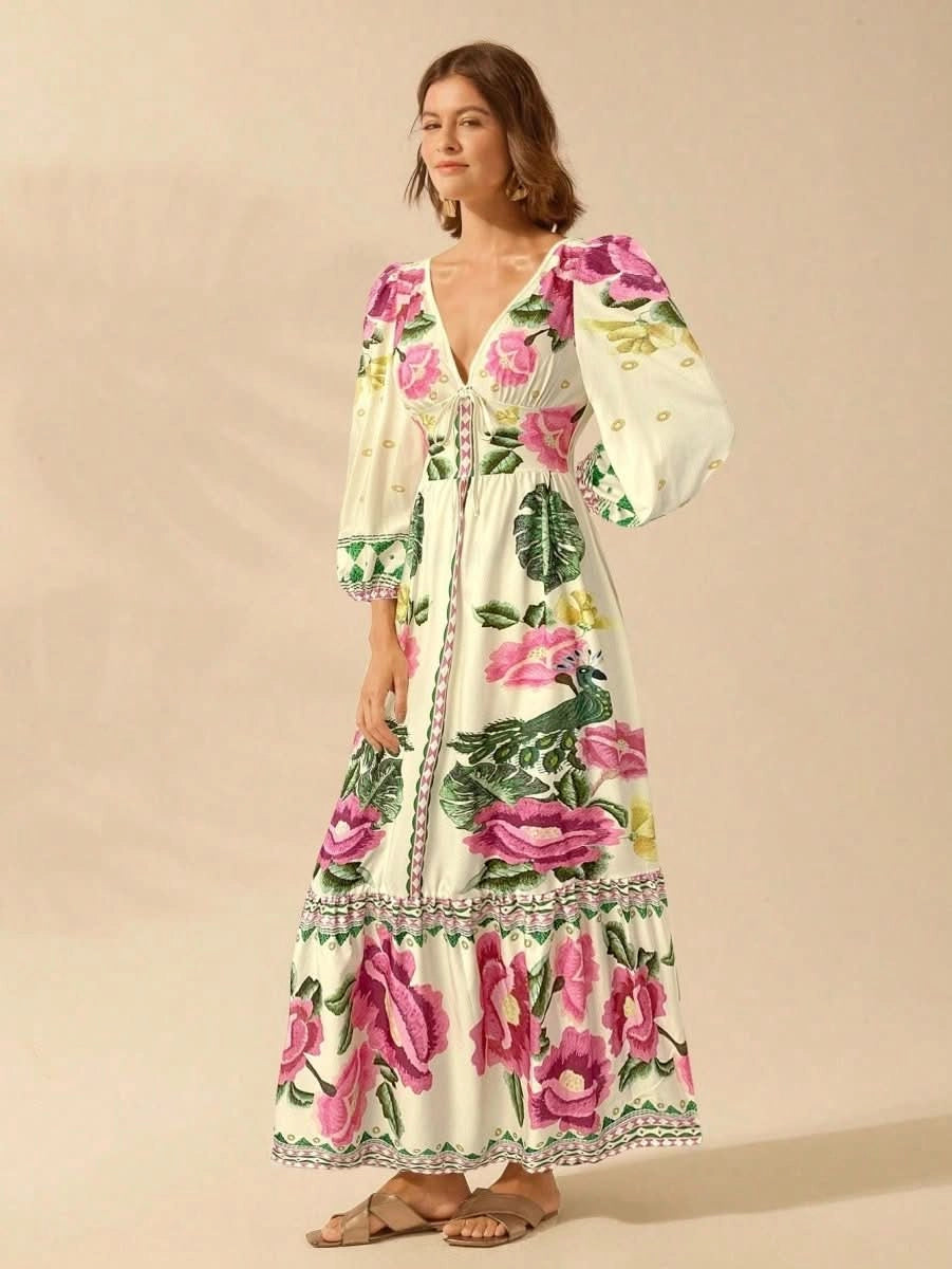 Capri Bloom – Boho Floral Maxi Dress with Puff Sleeves and Open Back - Satin Whisper