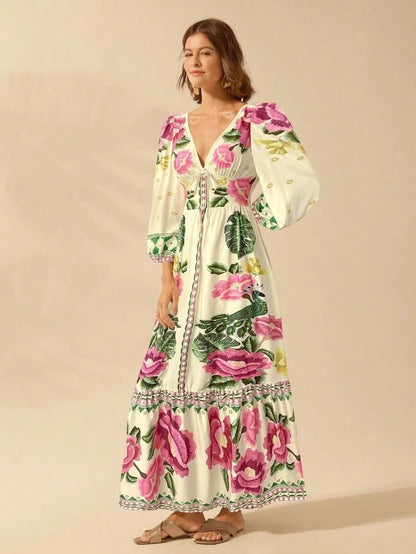 Capri Bloom – Boho Floral Maxi Dress with Puff Sleeves and Open Back - Satin Whisper