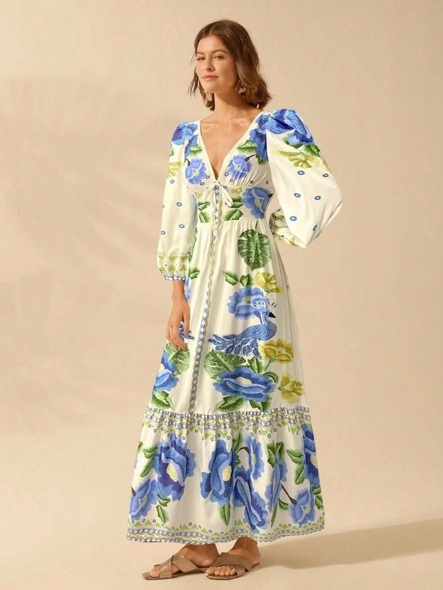 Capri Bloom – Boho Floral Maxi Dress with Puff Sleeves and Open Back - Satin Whisper