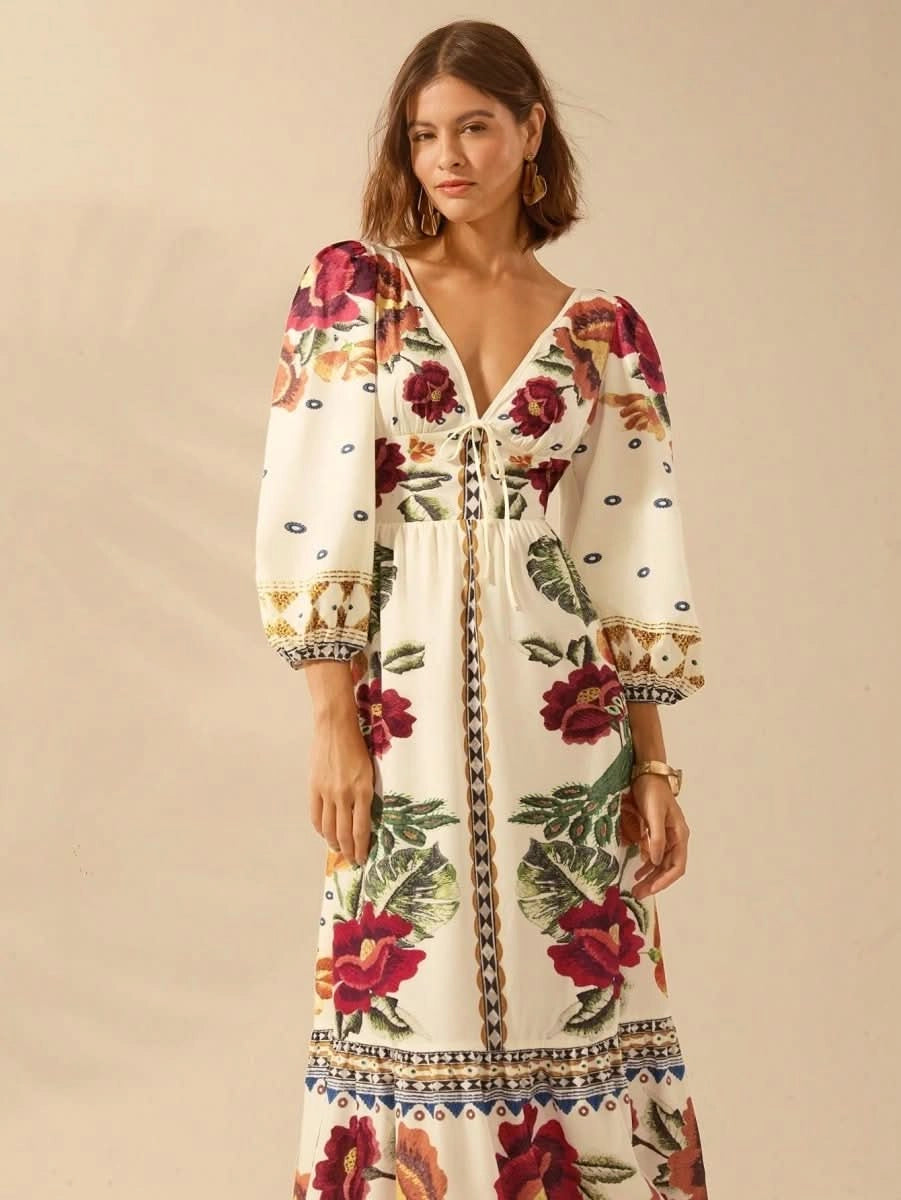 Capri Bloom – Boho Floral Maxi Dress with Puff Sleeves and Open Back - Satin Whisper