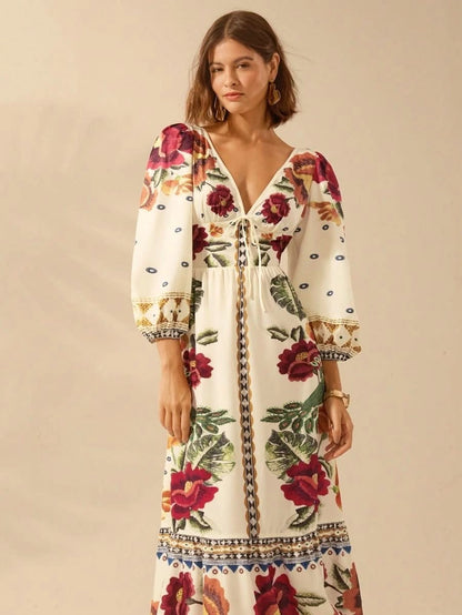 Capri Bloom – Boho Floral Maxi Dress with Puff Sleeves and Open Back - Satin Whisper