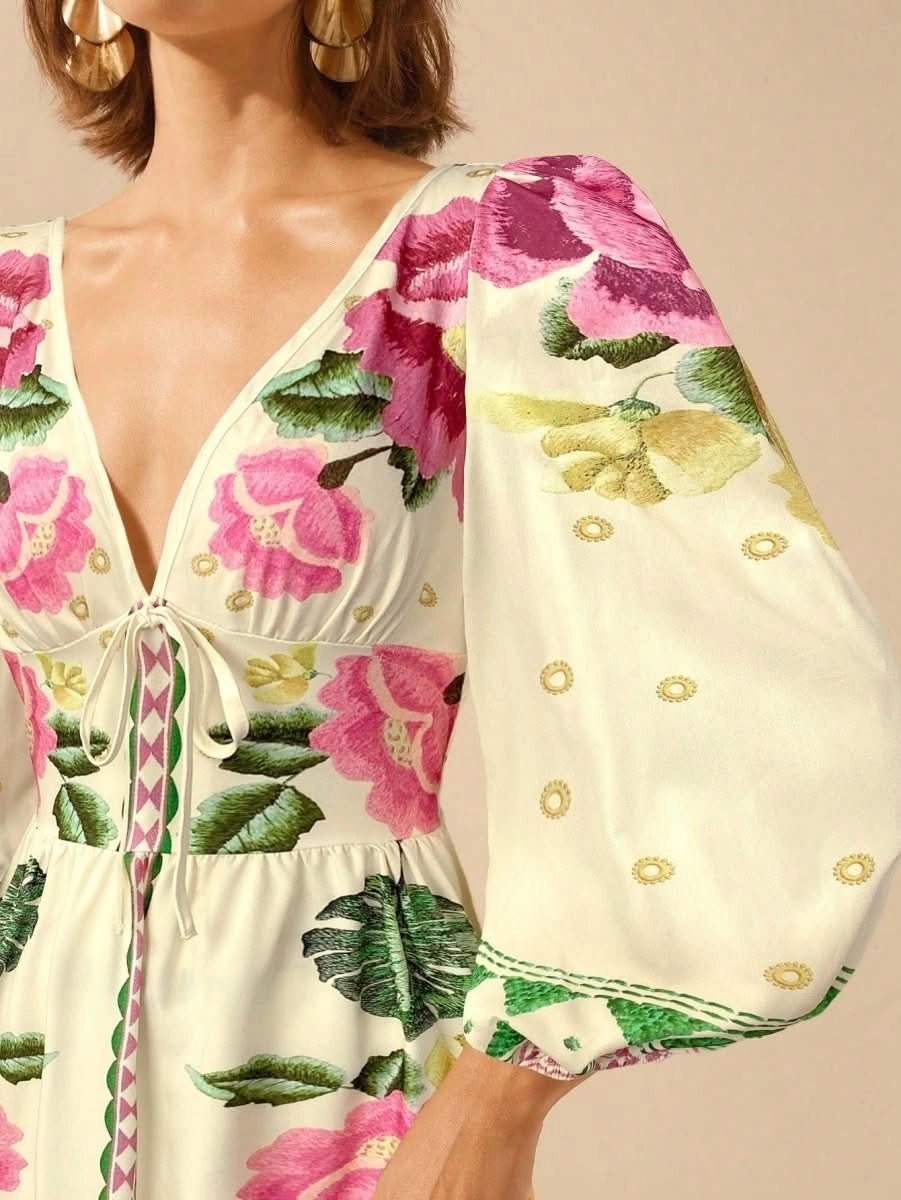 Capri Bloom – Boho Floral Maxi Dress with Puff Sleeves and Open Back - Satin Whisper