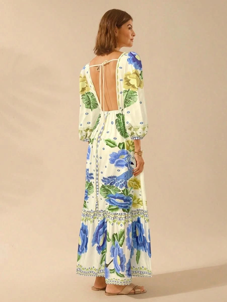 Capri Bloom – Boho Floral Maxi Dress with Puff Sleeves and Open Back - Satin Whisper