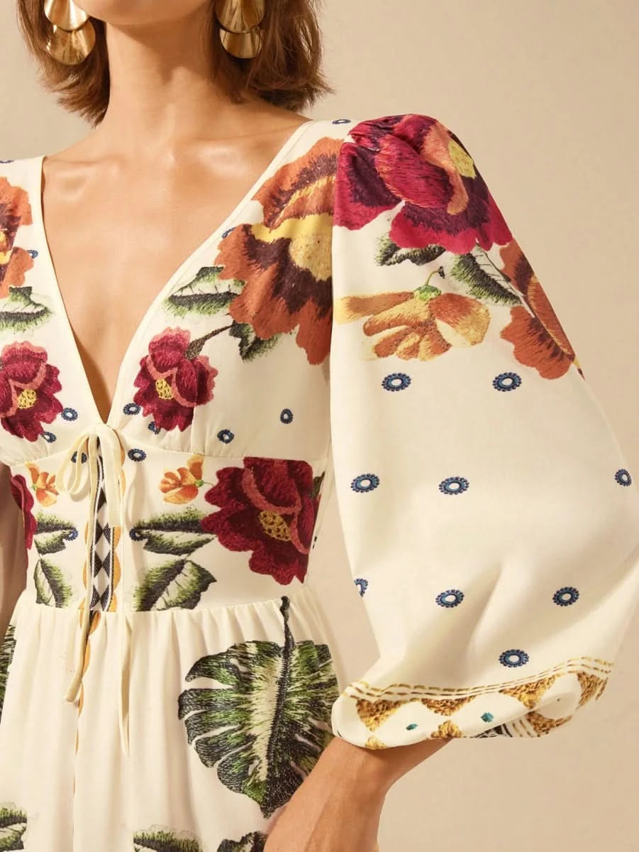 Capri Bloom – Boho Floral Maxi Dress with Puff Sleeves and Open Back - Satin Whisper