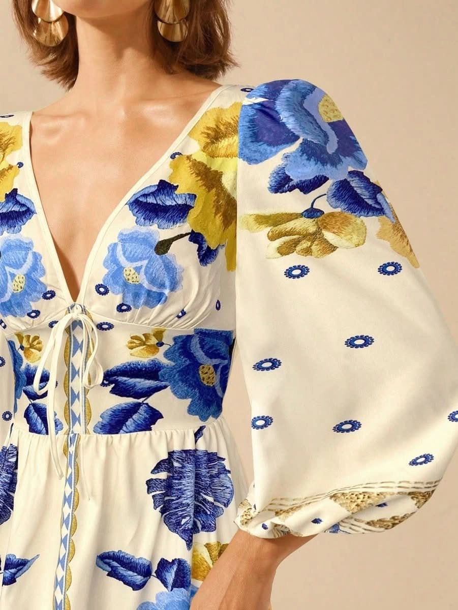 Capri Bloom – Boho Floral Maxi Dress with Puff Sleeves and Open Back - Satin Whisper