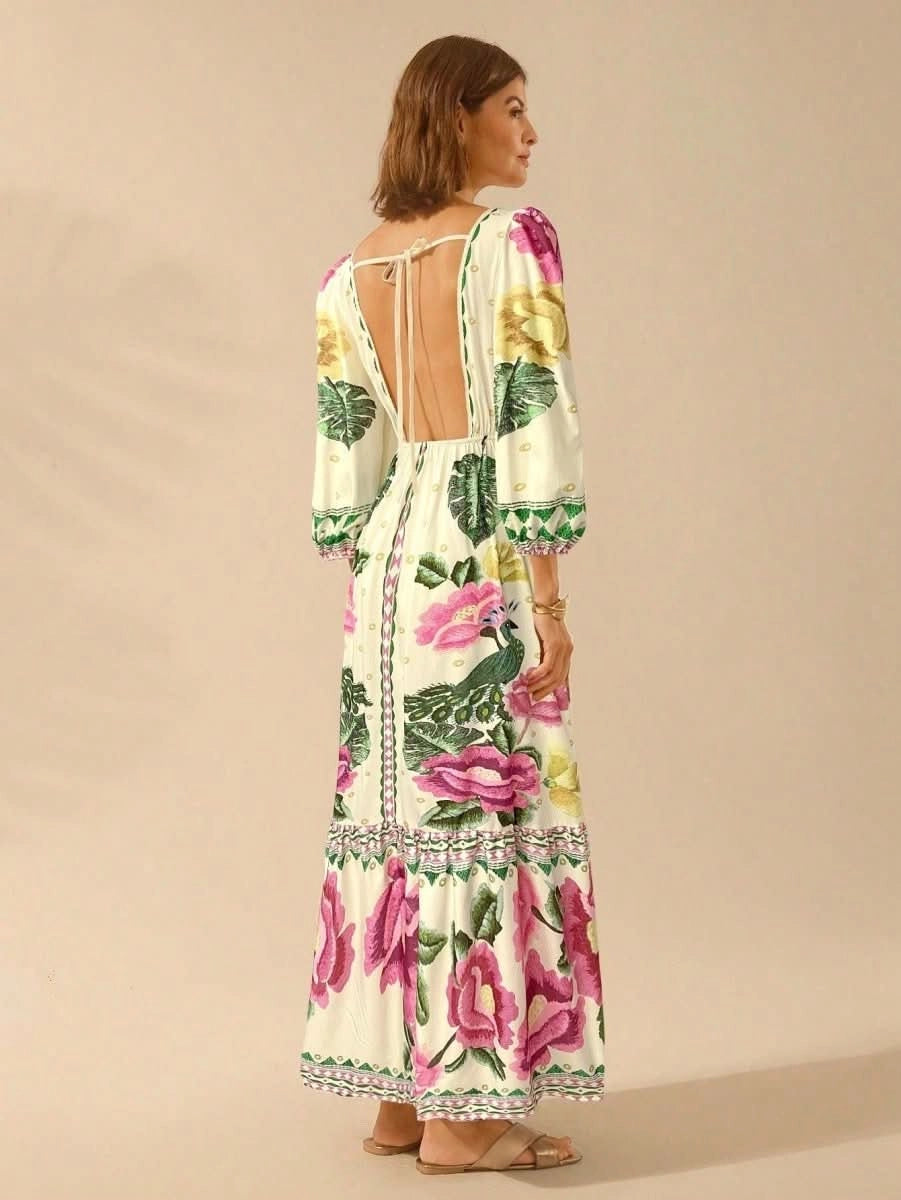 Capri Bloom – Boho Floral Maxi Dress with Puff Sleeves and Open Back - Satin Whisper