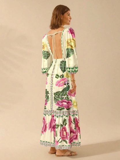 Capri Bloom – Boho Floral Maxi Dress with Puff Sleeves and Open Back - Satin Whisper