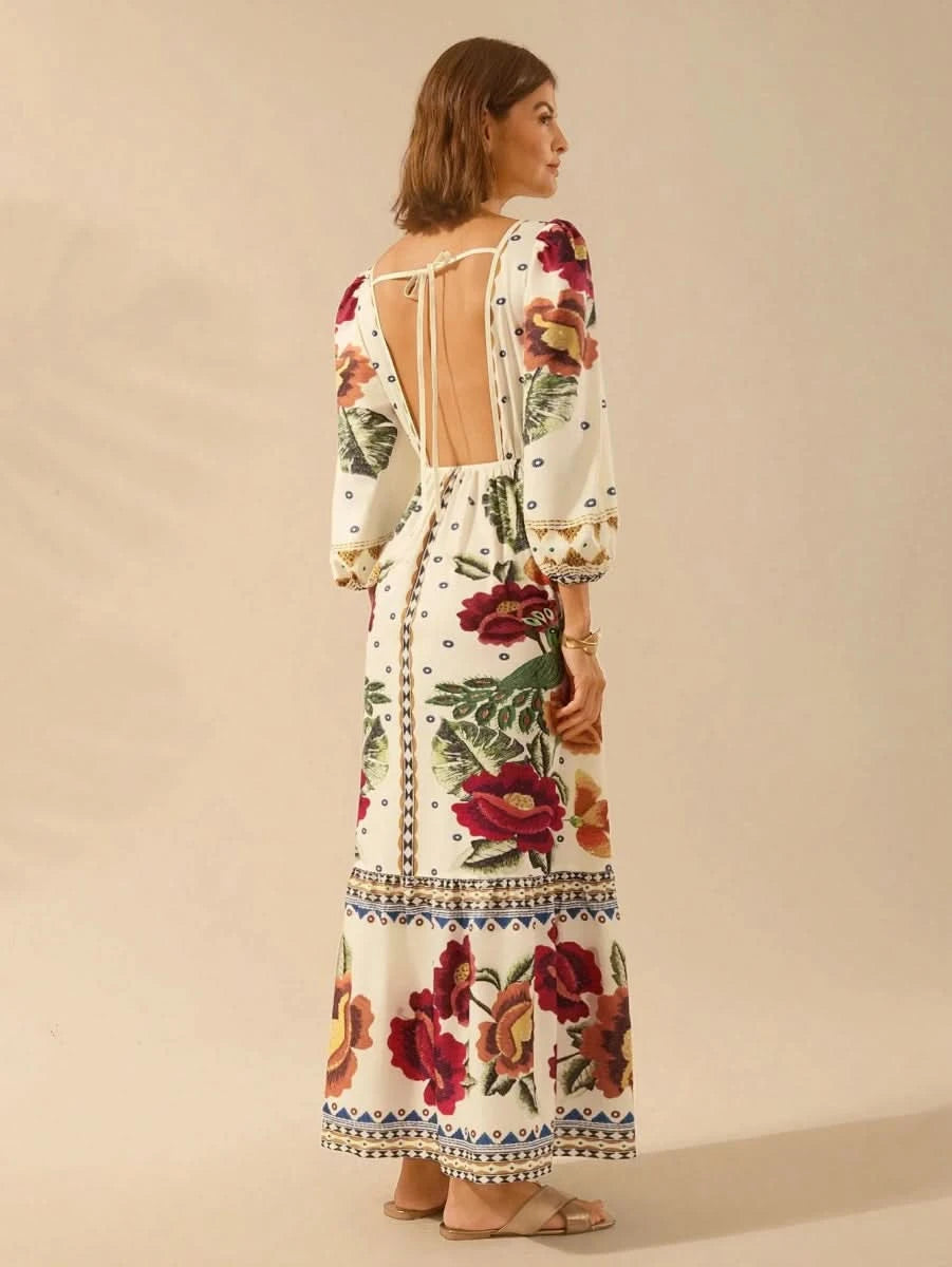 Capri Bloom – Boho Floral Maxi Dress with Puff Sleeves and Open Back - Satin Whisper