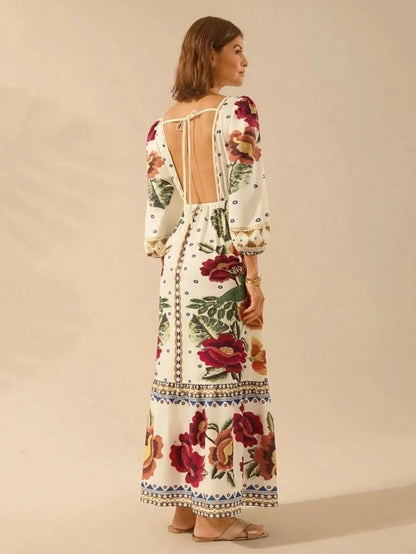Capri Bloom – Boho Floral Maxi Dress with Puff Sleeves and Open Back - Satin Whisper