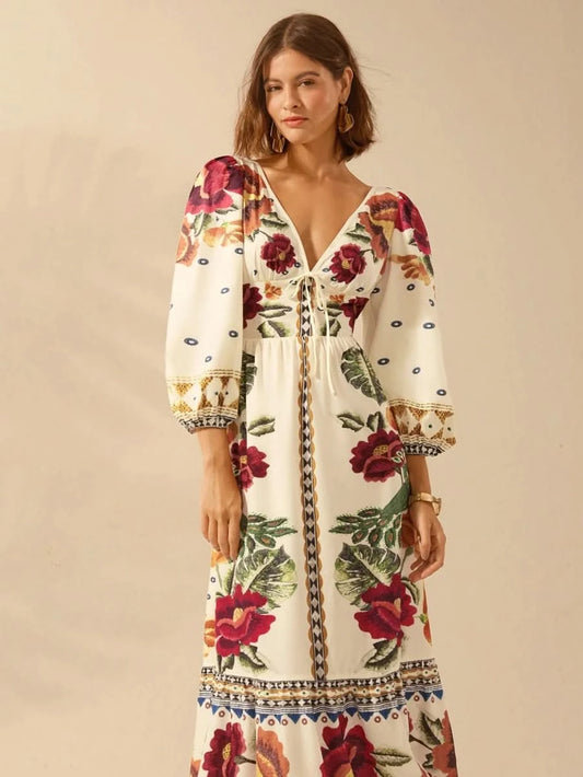 Capri Bloom – Boho Floral Maxi Dress with Puff Sleeves and Open Back - Satin Whisper