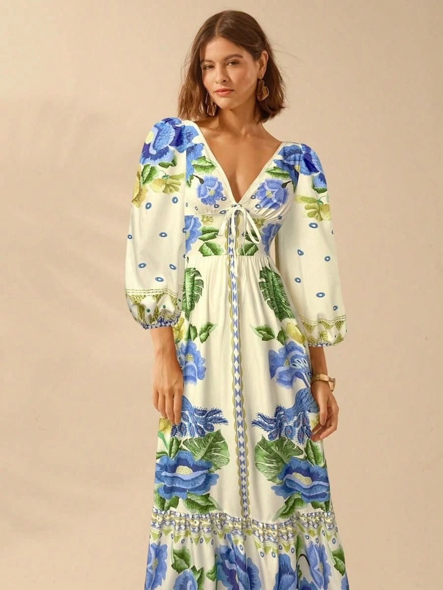 Capri Bloom – Boho Floral Maxi Dress with Puff Sleeves and Open Back - Satin Whisper