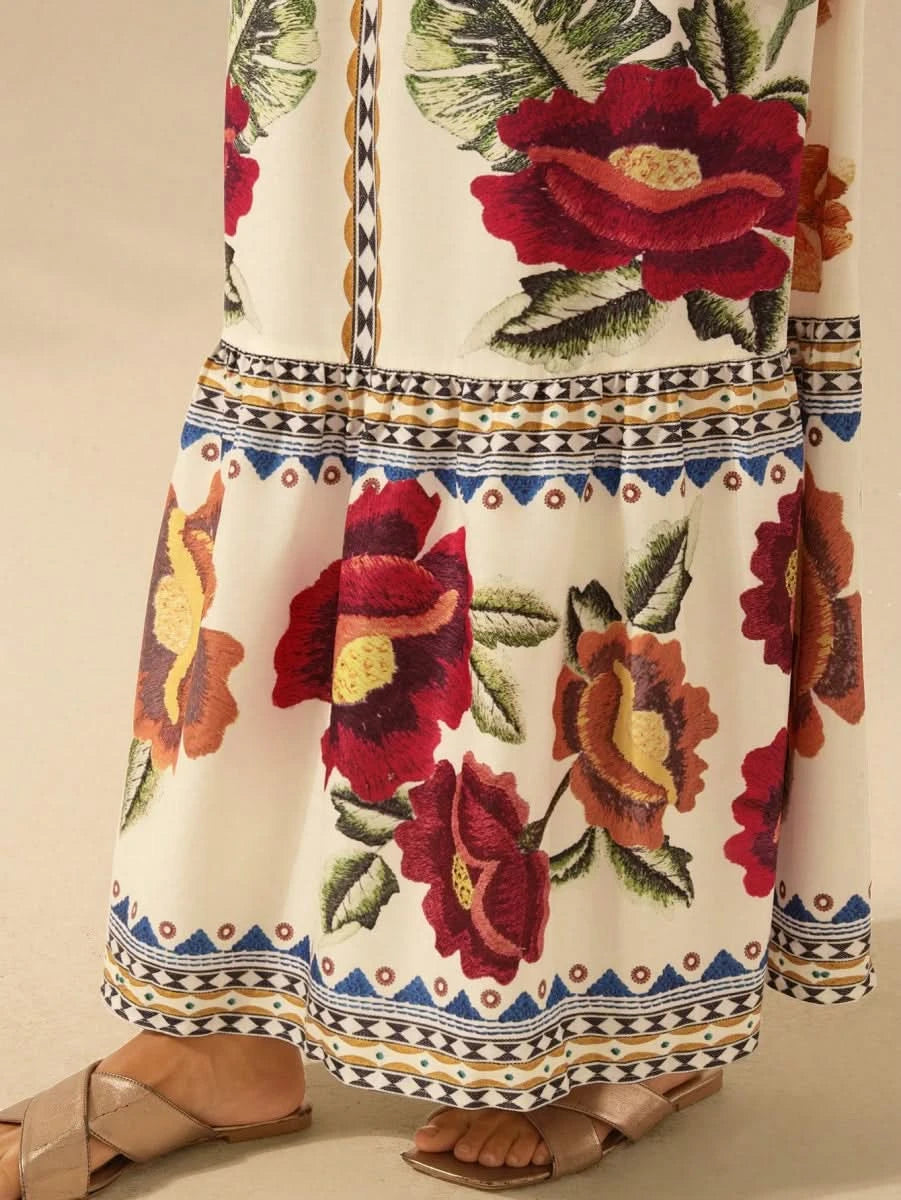 Capri Bloom – Boho Floral Maxi Dress with Puff Sleeves and Open Back - Satin Whisper