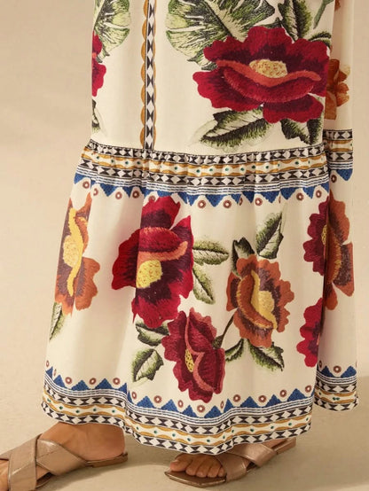 Capri Bloom – Boho Floral Maxi Dress with Puff Sleeves and Open Back - Satin Whisper