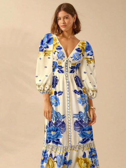 Capri Bloom – Boho Floral Maxi Dress with Puff Sleeves and Open Back - Satin Whisper