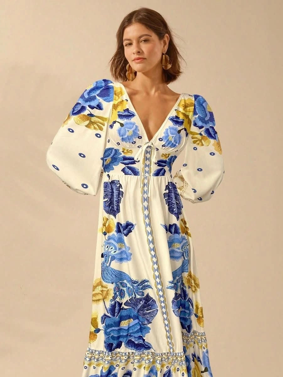 Capri Bloom – Boho Floral Maxi Dress with Puff Sleeves and Open Back - Satin Whisper