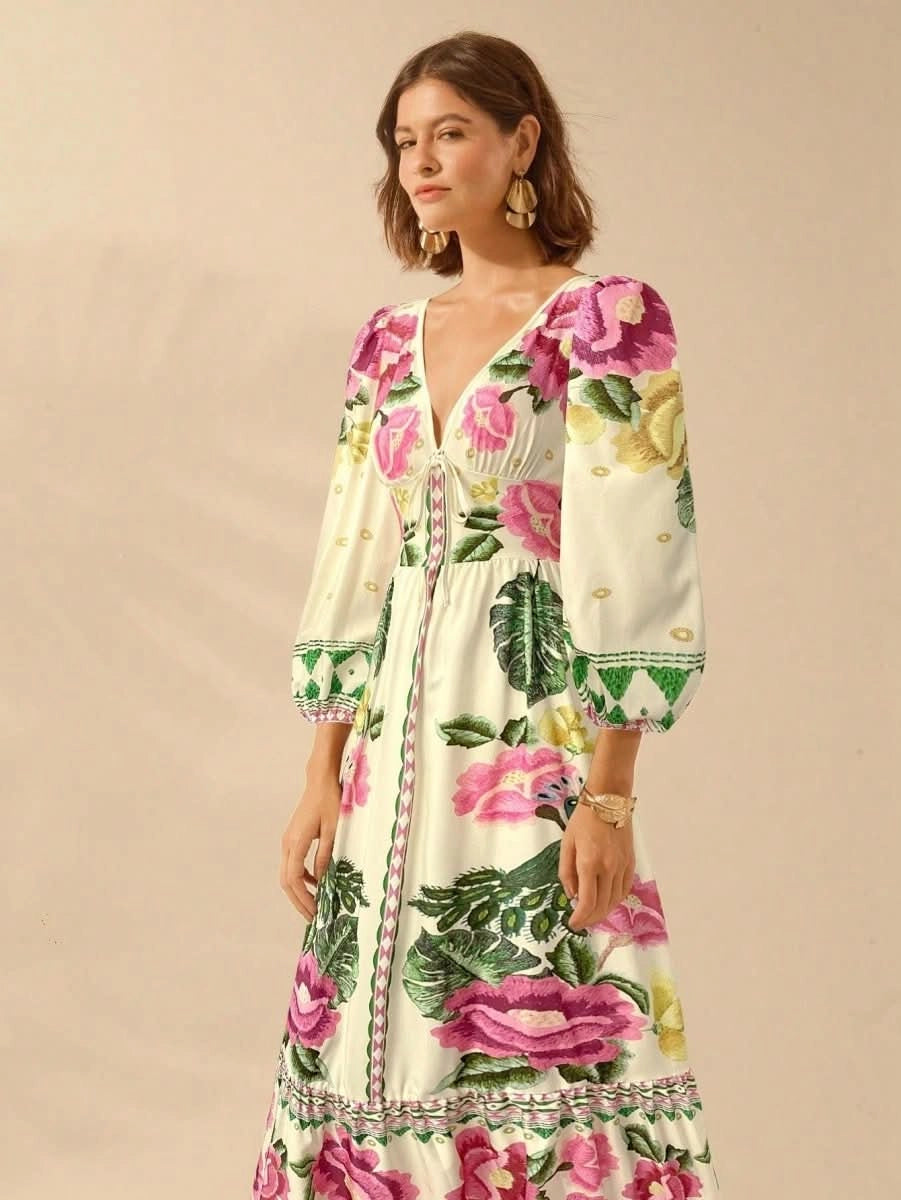Capri Bloom – Boho Floral Maxi Dress with Puff Sleeves and Open Back - Satin Whisper