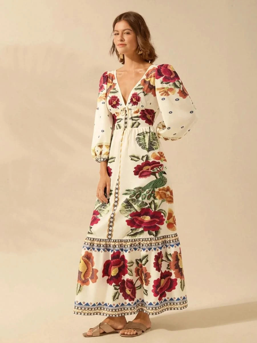 Capri Bloom – Boho Floral Maxi Dress with Puff Sleeves and Open Back - Satin Whisper