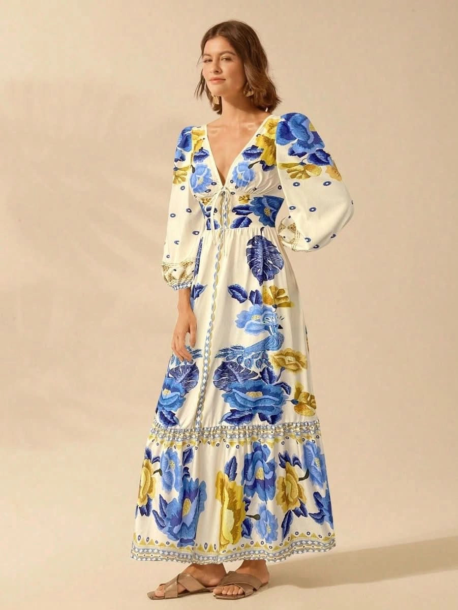 Capri Bloom – Boho Floral Maxi Dress with Puff Sleeves and Open Back - Satin Whisper