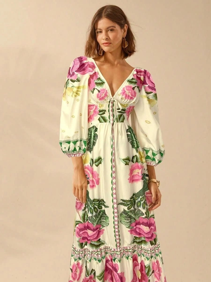 Capri Bloom – Boho Floral Maxi Dress with Puff Sleeves and Open Back - Satin Whisper