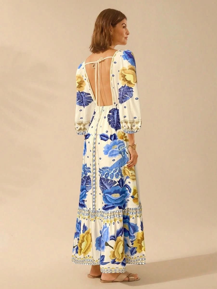 Capri Bloom – Boho Floral Maxi Dress with Puff Sleeves and Open Back - Satin Whisper