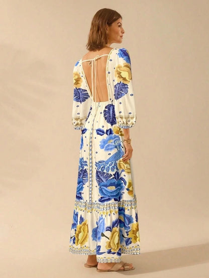 Capri Bloom – Boho Floral Maxi Dress with Puff Sleeves and Open Back - Satin Whisper