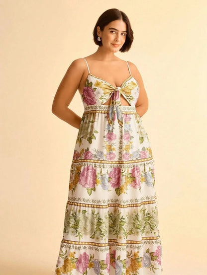Capri Maxi Dress – Romantic Floral with Front Tie - Satin Whisper