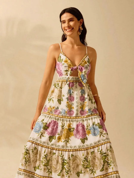 Capri Maxi Dress – Romantic Floral with Front Tie - Satin Whisper