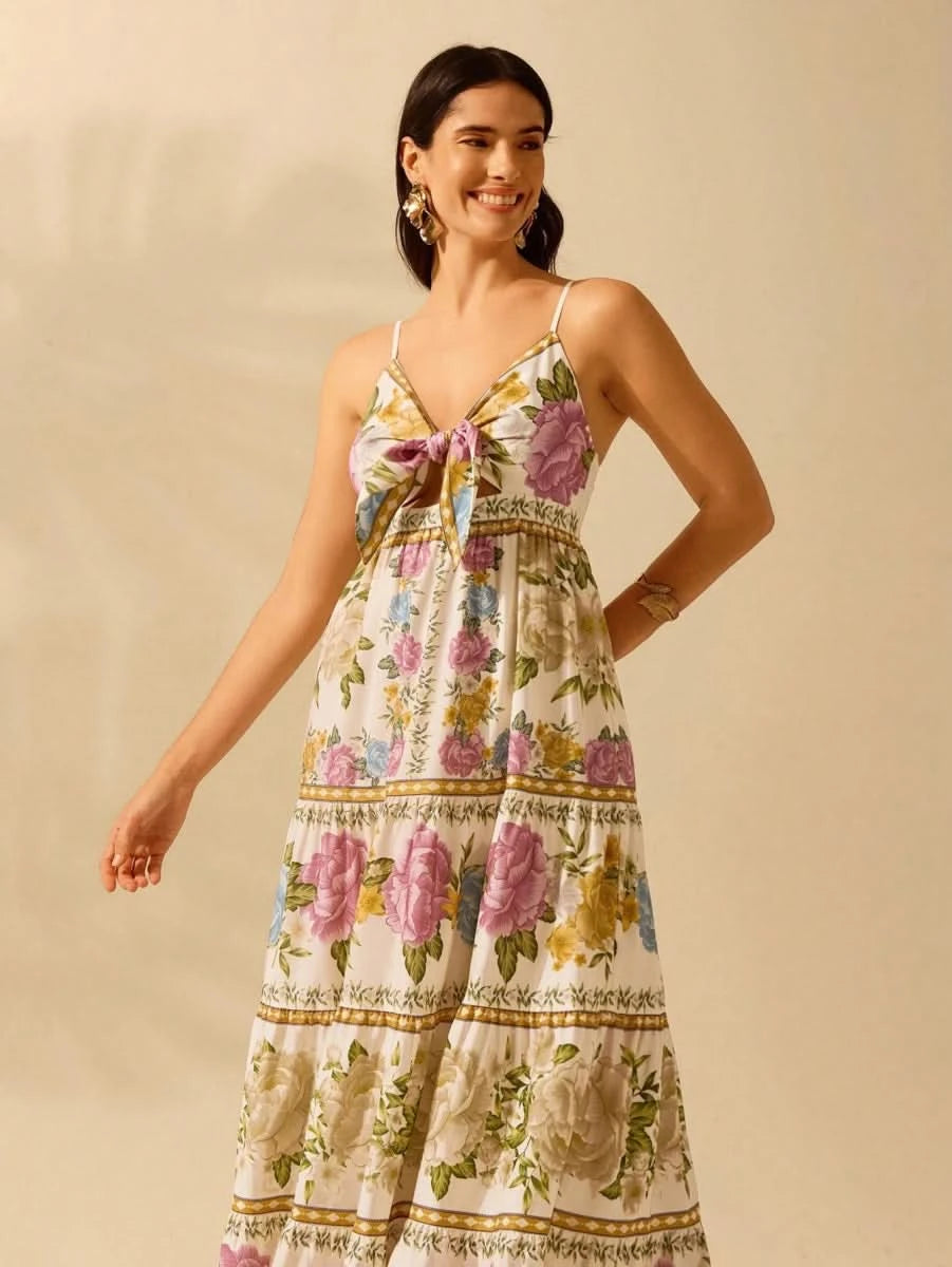 Capri Maxi Dress – Romantic Floral with Front Tie - Satin Whisper