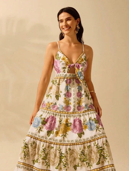 Capri Maxi Dress – Romantic Floral with Front Tie - Satin Whisper