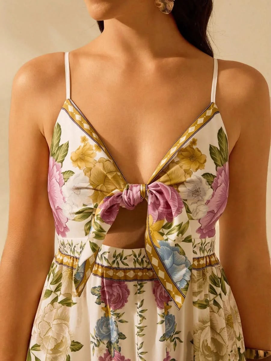 Capri Maxi Dress – Romantic Floral with Front Tie - Satin Whisper