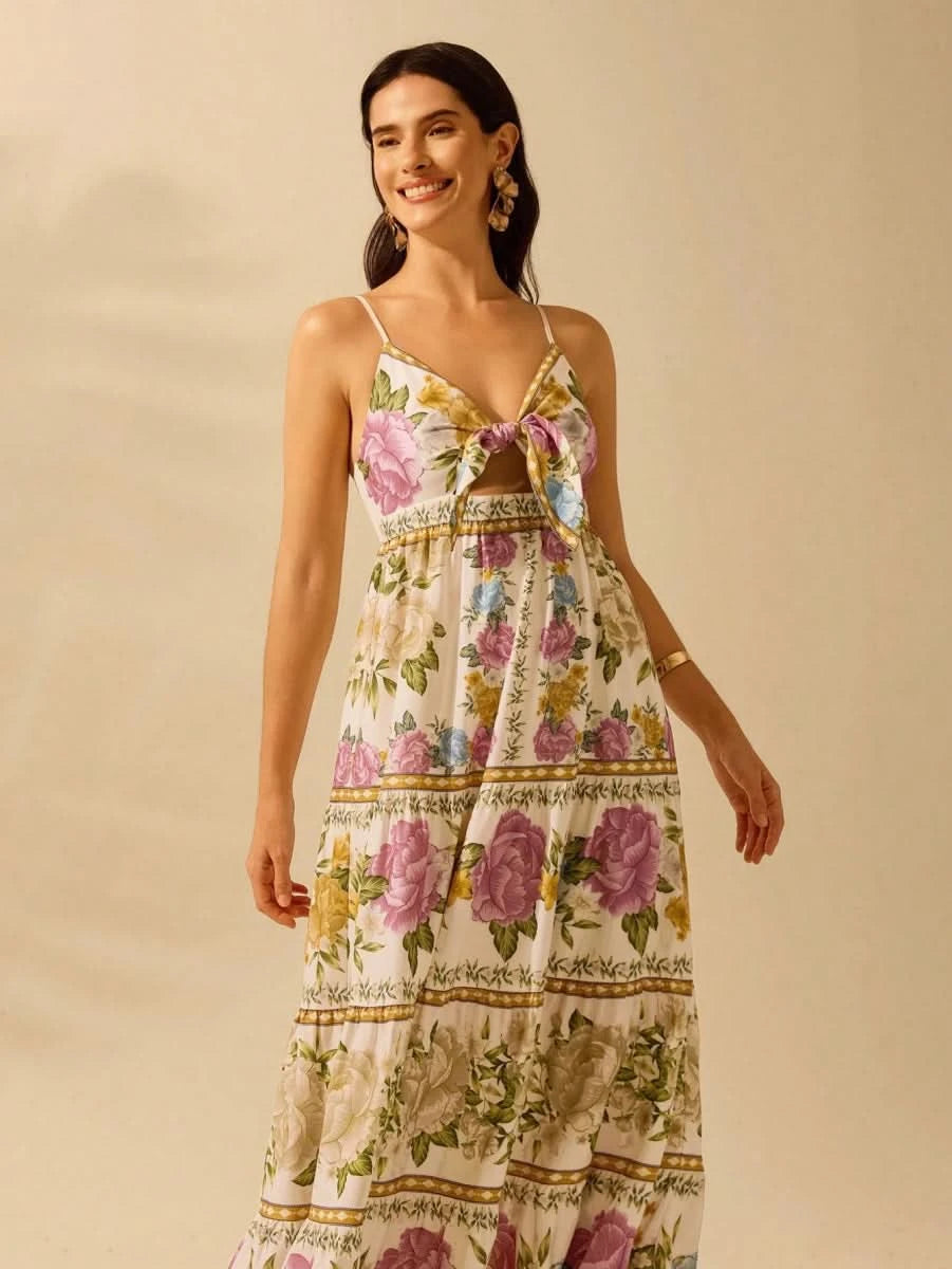 Capri Maxi Dress – Romantic Floral with Front Tie - Satin Whisper