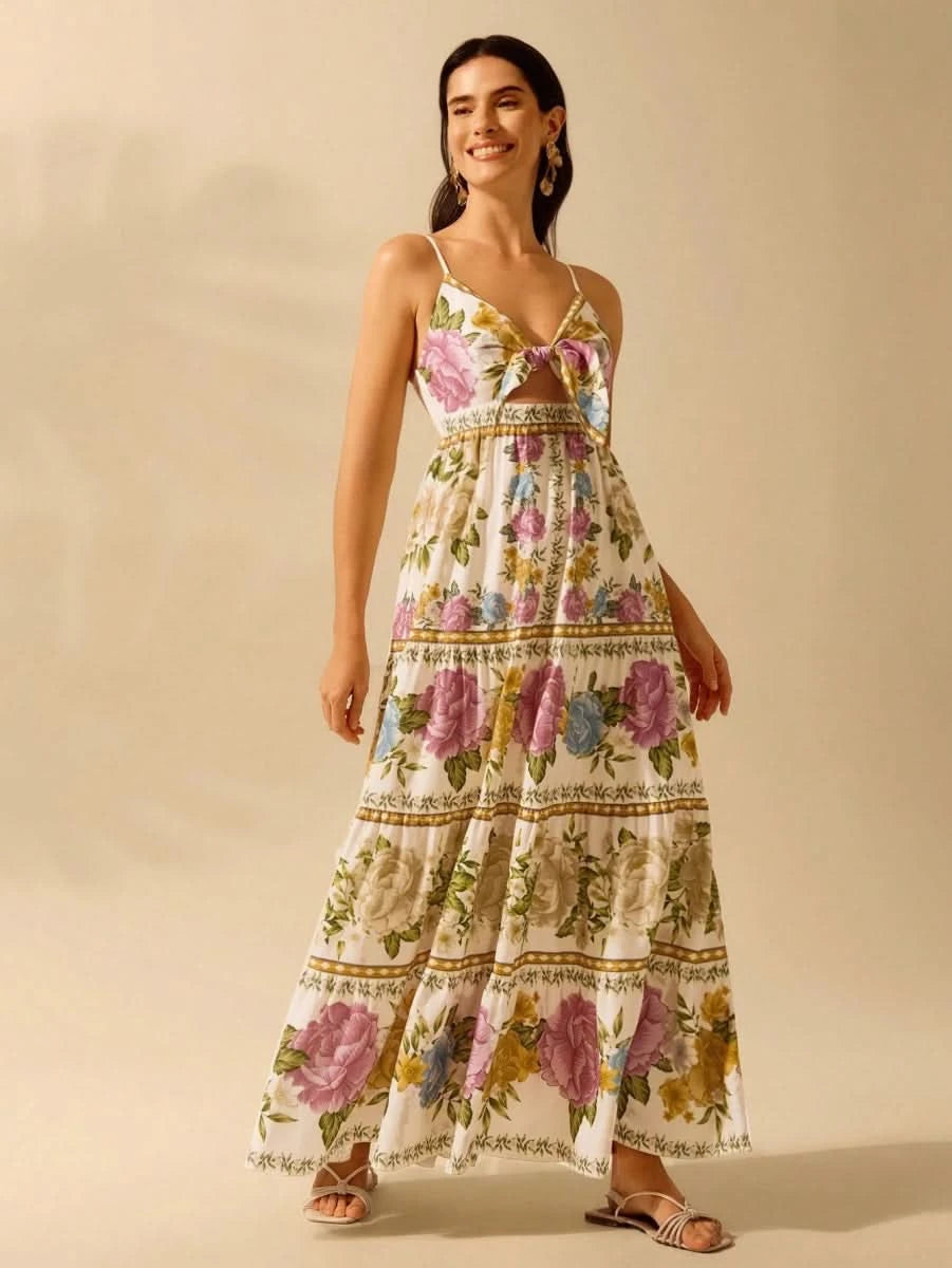 Capri Maxi Dress – Romantic Floral with Front Tie - Satin Whisper