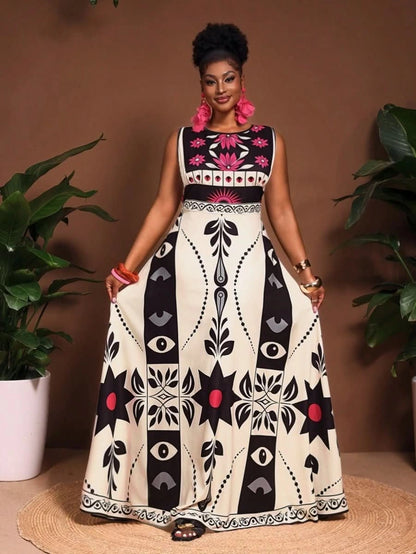 Marrakech Graphic Bloom Maxi Dress – Modern Elegance - Satin Whisper