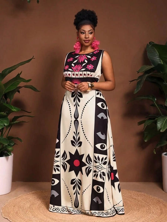 Marrakech Graphic Bloom Maxi Dress – Modern Elegance - Satin Whisper