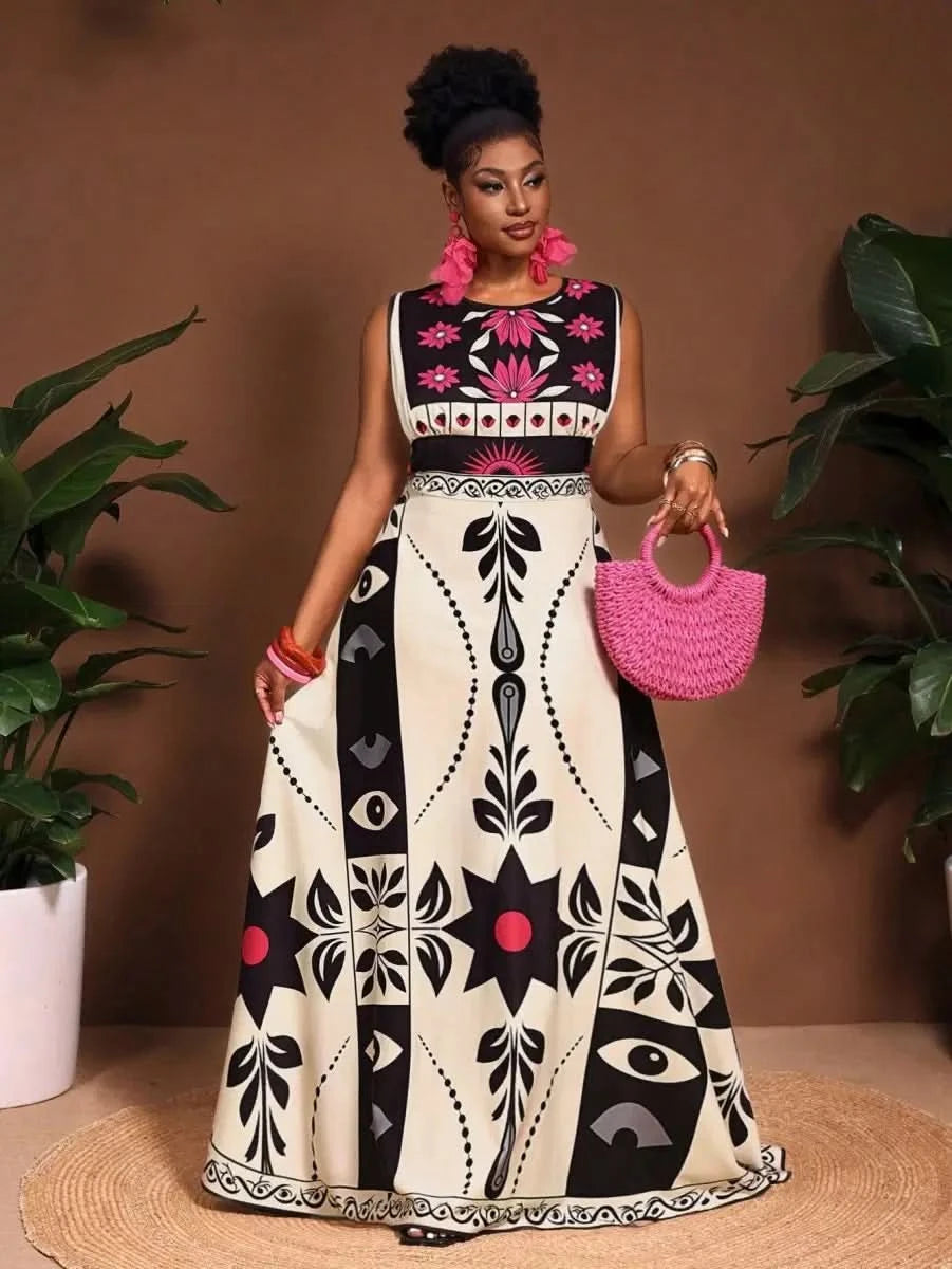 Marrakech Graphic Bloom Maxi Dress – Modern Elegance - Satin Whisper