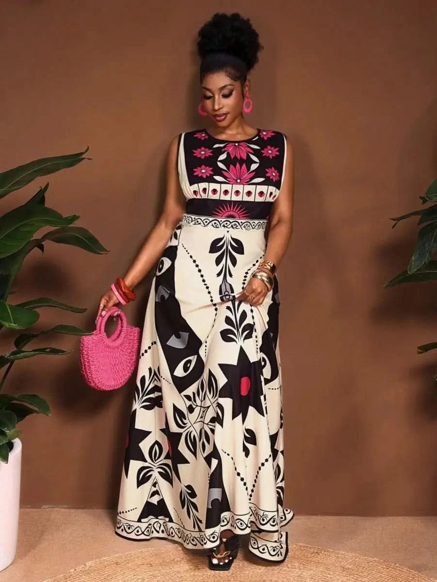 Marrakech Graphic Bloom Maxi Dress – Modern Elegance - Satin Whisper