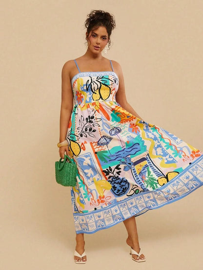 Multicolor Artistic Print Spaghetti Strap Maxi Dress - Satin Whisper