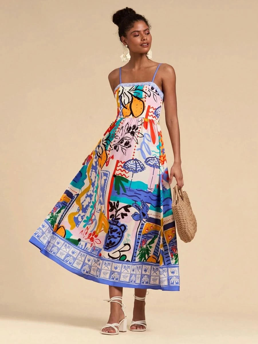 Multicolor Artistic Print Spaghetti Strap Maxi Dress - Satin Whisper