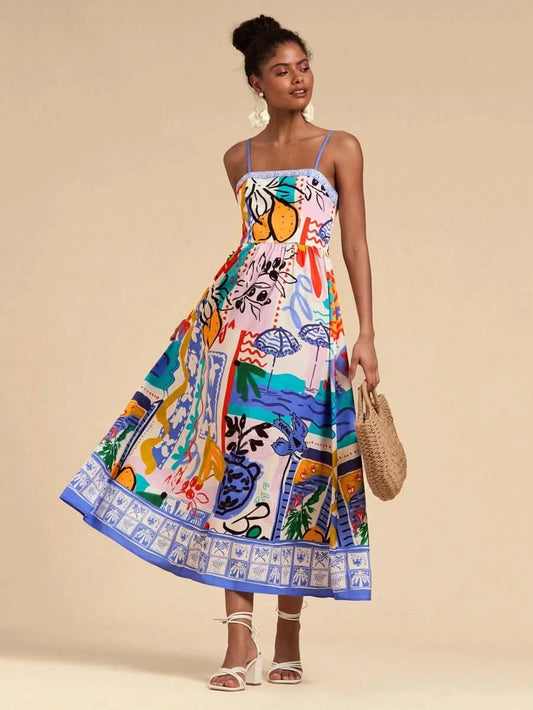 Multicolor Artistic Print Spaghetti Strap Maxi Dress - Satin Whisper